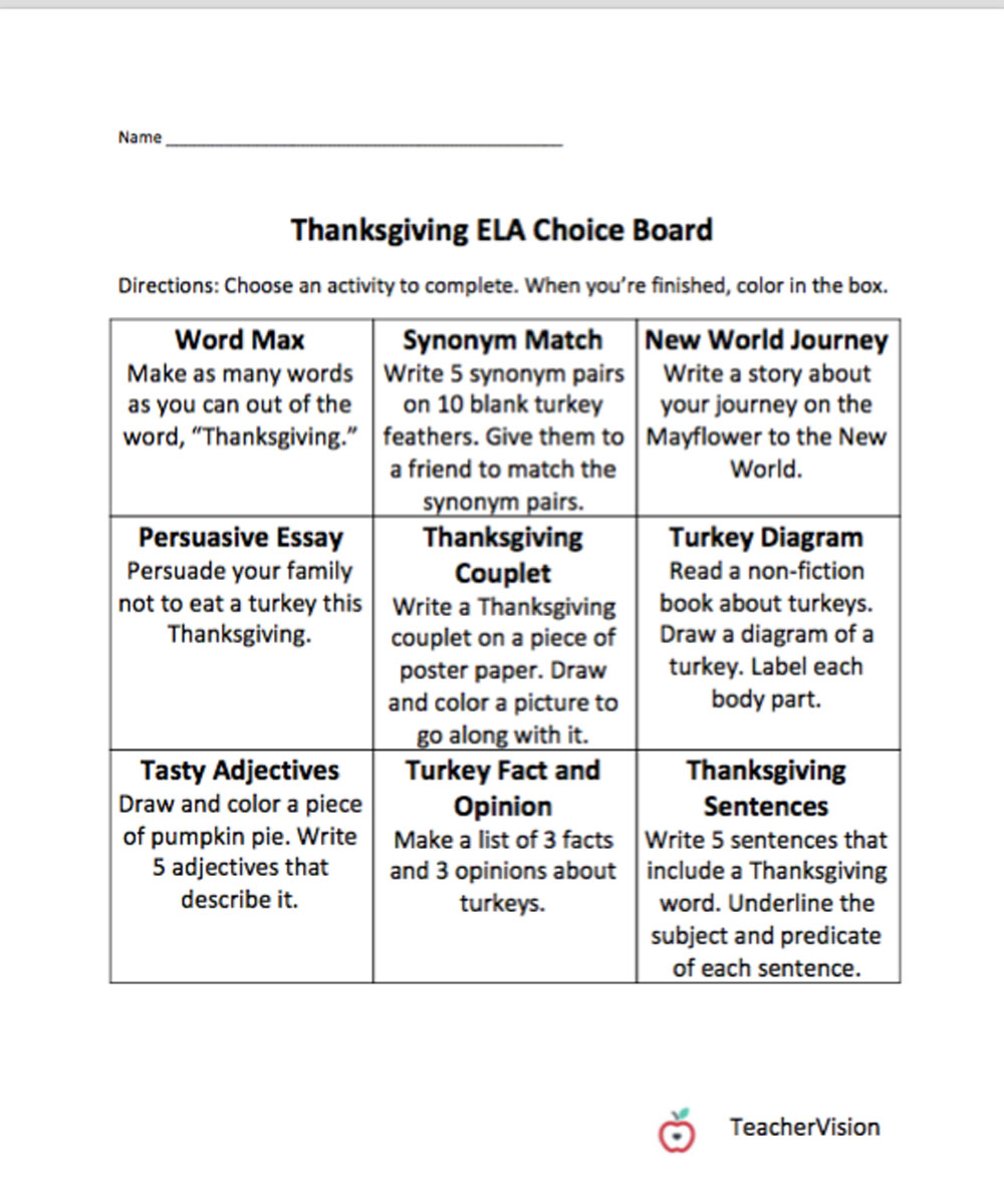 An ELA Thanksgiving themed choice board